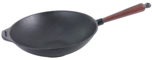 Wok aus Gusseisen, mit abgeflachtem Boden, mit edlem Buchenholzgriff, schwere, hochwertige Qualität  Durchmesser innen: 29 cm,
