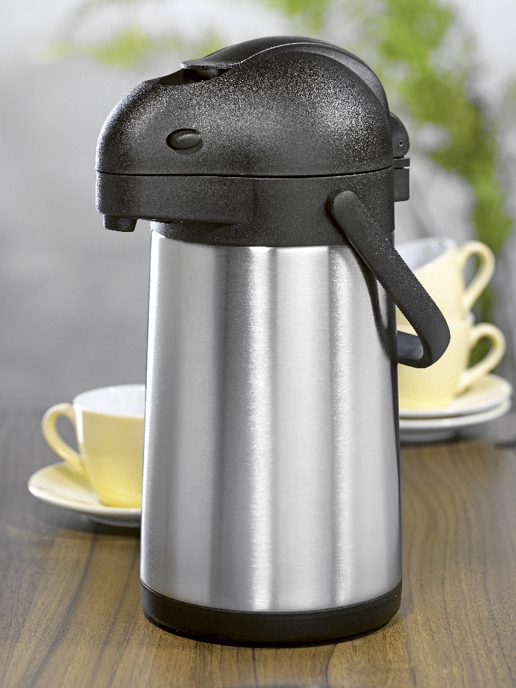 Pump-Isolierkanne / Pumpspender STREAM, Inhalt: 1,9 Liter, aus doppelwandigem Edelstahl, Höhe: 33 cm, Durchmesser: 15 cm.