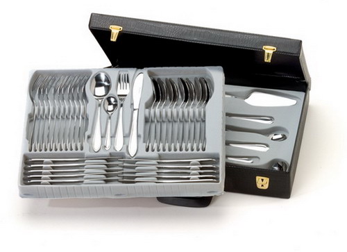 68-tlg. Besteck SABRINA 18/0, poliert, im Kroko-Imitat-Koffer Nr. 1, schwarz schwarze Einlagen, mit Fotoaufleger verskinnt