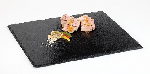 GN 1/2 Naturschieferplatte 32,5 x 26,5 cm Materialstärke 6-9 mm möbelschonende Füßchen gebrochene Kanten glänzende,