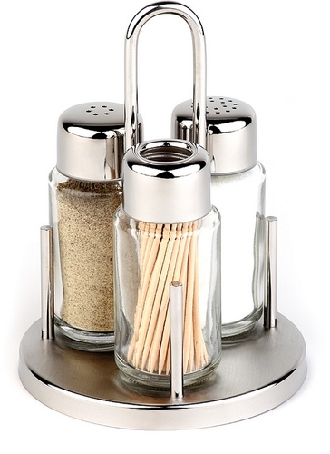 Menage -CLASSIC- Ø 10,5 cm, H: 16 cm Ständer aus 18/8 Edelstahl Glasbehälter mit Edelstahl-Deckel Behälter für Pfeffer, Salz
