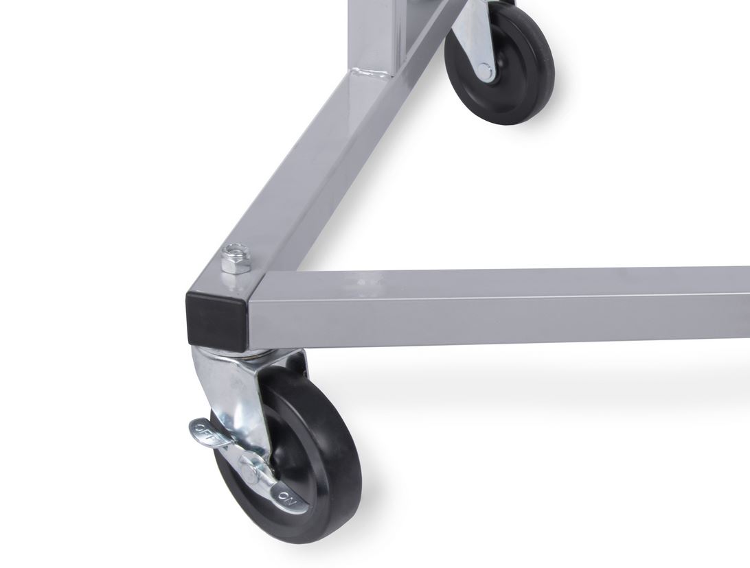 Industrie-Rollständer in Z-Form mit grauem Fuß, aus stabilem runden Stahlrohr. Maß: 185 cm x 160 cm x 61 cm (HxxBxT)