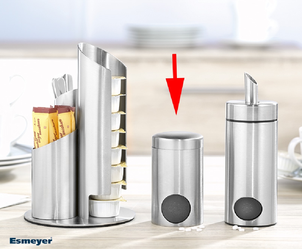 Süßstoff-Spender CHARLY, Material: Edelstahl 18/10, mit Kunststoffdrücker, Höhe: 75 mm, Durchmesser: 47 mm.