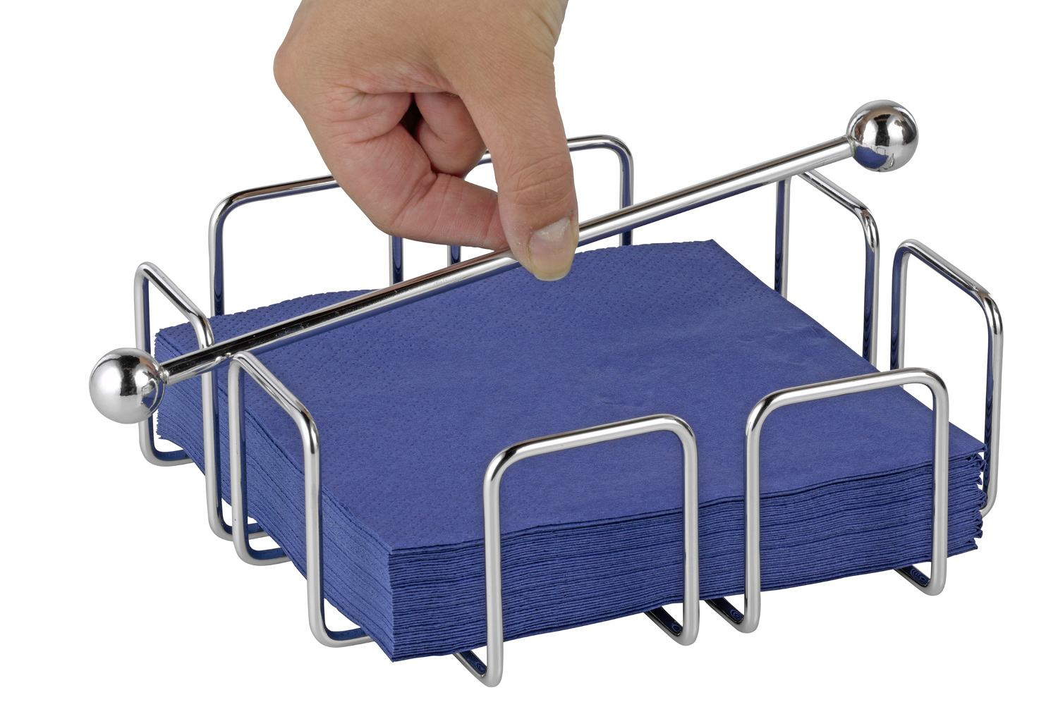 Serviettenhalter WIRE aus verchromtem Metall, für ca. 50 Stück. Mit 4 Kunststoffstoppern für einen stabileren Stand auf der Oberfläche.