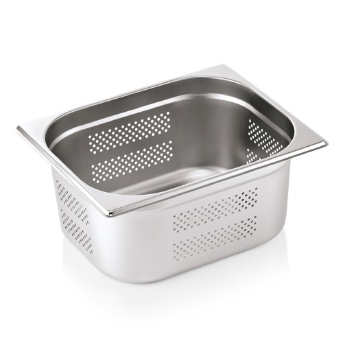 GN 1/2 Behälter, Boden- und Seitenlochung. Materialstärke 0,6 mm. Material: Chromnickelstahl. Serie: GN 71. Inhalt in Litern: