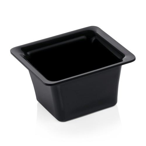 GN 1/6 Behälter, mit glattem Rand. Material: Melamin. Serie: GN 97. Inhalt in Litern: 1,6. Farbe: schwarz. Maße: Höhe: 100 mm