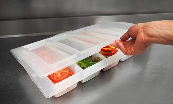 Araven Zutatenbehälter mit Deckel und 4 Fächern GN 1/1 aus Polypropylen. Spülmaschinengeeignet Maße: 530 x 325 x 100 mm