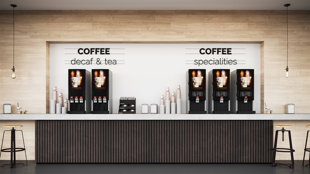 BONAMAT Rivero Turbo 121 Kaffeevollautomat für Flüssigkonzentrat, kann fünf unterschiedliche Heißgetränke zubereiten, 2 Behälter für