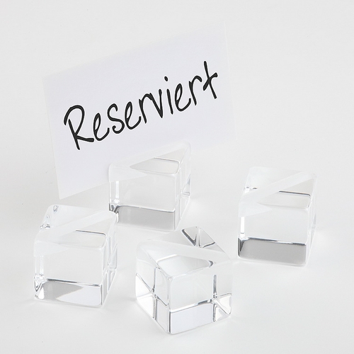 Kartenhalter, 4er Set je 3 x 3 cm, H: 3 cm Acryl inkl. 20 weißen Beschriftungskarten -WÜRFEL- nicht spülmaschinengeeignet