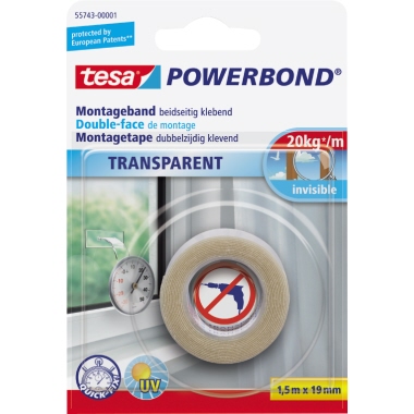 tesa® Montageklebeband Powerbond® transparent Innenbereich 19 mm x 1,5 m (B x L) 20kg beidseitig klebend transparent,