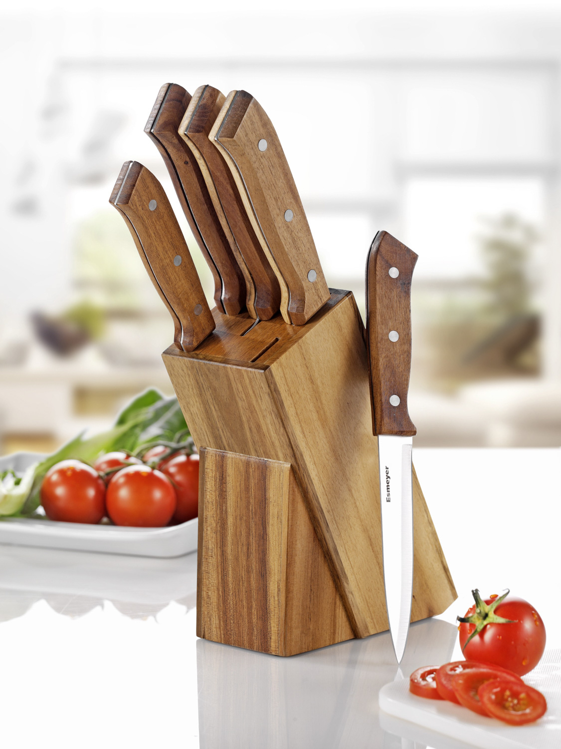 5-teiliges Messerset PHOENIX aus Edelstahl (Klingenstärke: 1.8 / 1.5 mm), mit genieteten Griffschalen aus edlem Akazienholz.