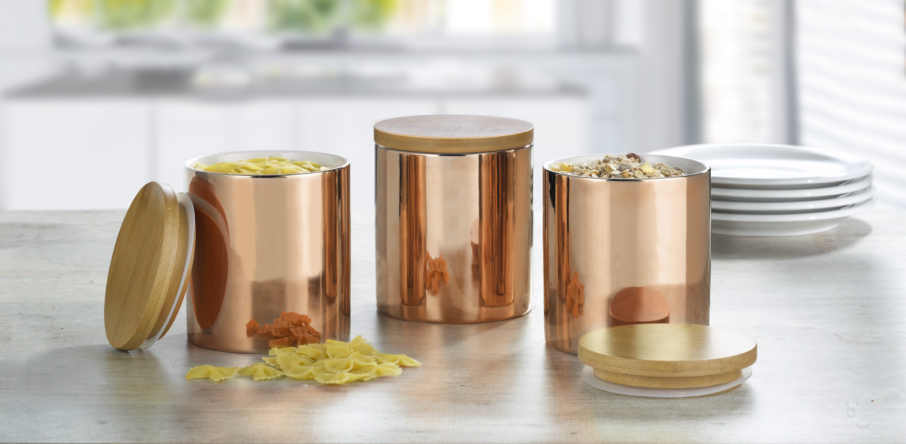3-teiliges Vorratsdosen-Set GRENOBLE, Höhe 12,8 cm aus Porzellan, Farbe: Kupfer (innen weiß). mit Bambusdeckel inkl. Silikondichtung.