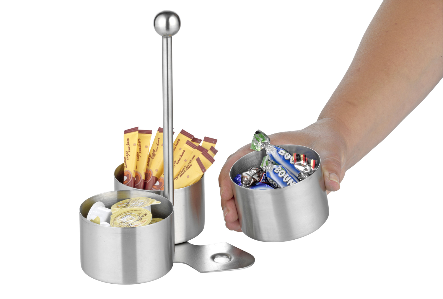 Snack- und Dip-Set BOSTON, Edelstahl 18/10, Maße: 160 x 160 x 240 mm, mit 3 Schalen und einem Halter.