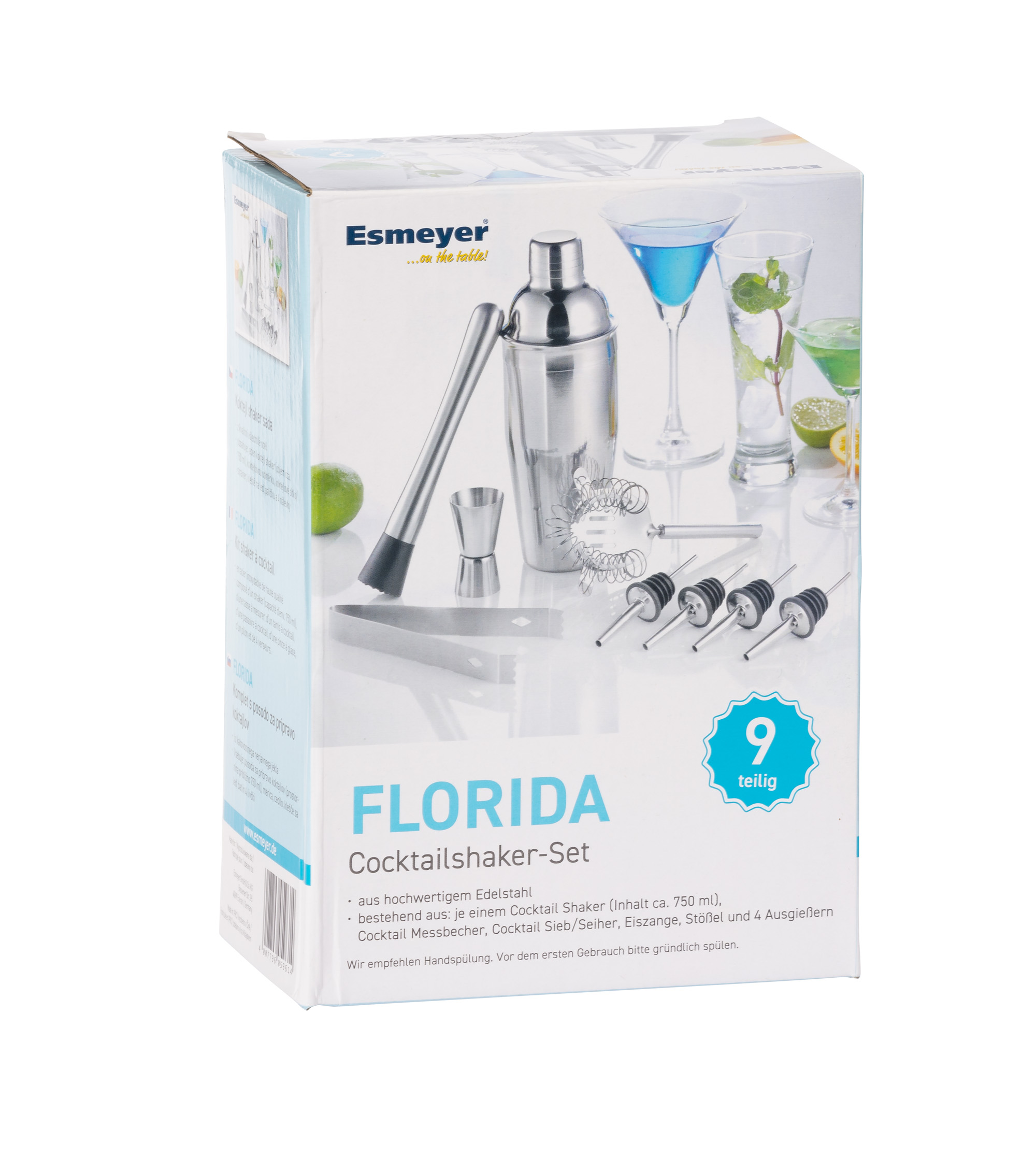 9-teiliges Cocktail Shaker Set FLORIDA aus Edelstahl 18/8 (Zubehör 201), bestehend aus je einem Cocktail Shaker Inhalt ca. 750 ml,