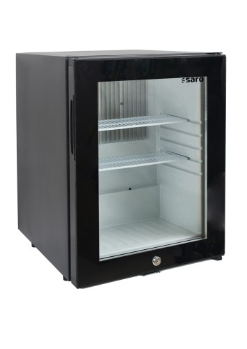 SARO Minibar mit Glastür, Modell MB 40 G - Material: (Gehäuse) Stahl pulverbeschichtet, schwarz; (Innenraum) Kunststoff, weiß; Glastür -