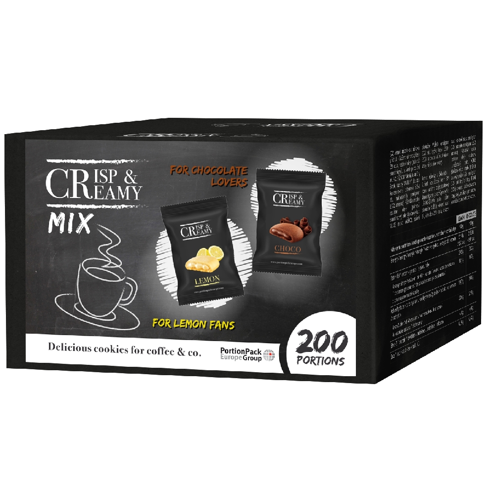 Minikekse Crisp & Creamy, 200 Stück im Mix, Mürbeteig mit Schokoladen- und Zitronencreme. Einzeln hygienisch verpackt.