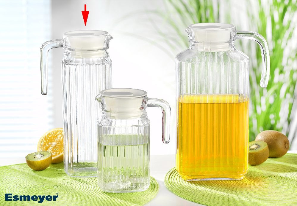 Krug QUADRO, Inhalt: 1,1 Liter, Höhe: 244 mm, Durchmesser: 89 mm, mit weißem Kunststoffdeckel.