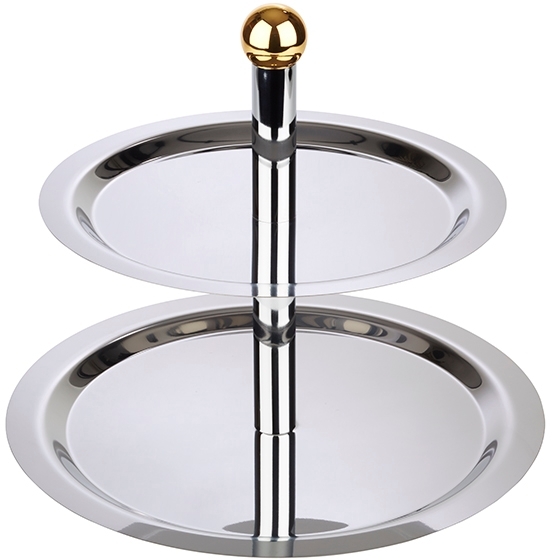 Etagère, 2-stufig -FINESSE- Ø 38/32 cm, H: 30 cm 18/0 Edelstahl Messing-Kugelgriff, Rohre hochglanzverchromt, einfache