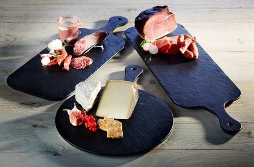 Tablett -SLATE ROCK- 48 x 20 cm, H: 1,5 cm Melamin, schwarz, Schieferlook strukturierte Oberfläche Griff: 13 cm