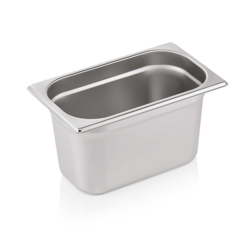GN 1/4 Behälter, Materialstärke 0,6 mm. Material: Chromnickelstahl. Serie: GN 70. Inhalt in Litern: 4. Maße: Höhe: 150 mm
