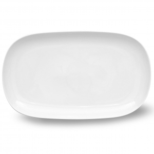 Servierplatte SOLEA, 36 x 21,3 cm, von caterado. Abgerundete Ecken. Aus weißem Porzellan.