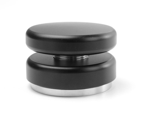 Kaffee Tamper, passend für die meisten Siebträger. Aus Edelstahl. Mit schwarzem Aluminium-Griff.