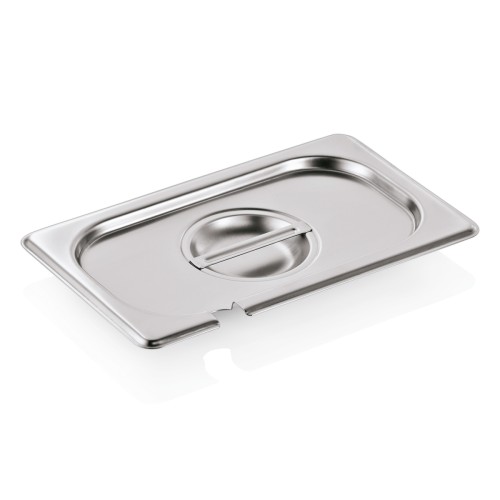 GN 1/4 Deckel mit Löffelaussparung, Materialstärke 0,7 mm. Material: Chromnickelstahl 18/8. Serie: GN 90.