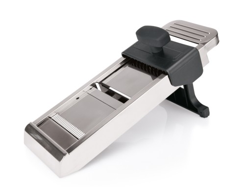Mandoline. Edelstahl. mit Kunststoff-Restehalter, mit 3 Julienne-Einsätzen 3, 5 und 10 mm
