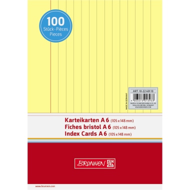 BRUNNEN Karteikarte DIN A6 quer liniert gelb 100 St./Pack., Format der Karte: DIN A6 quer, liniert, Grammatur: 180