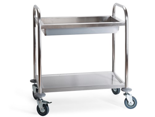 Servierwagen. Edelstahl. mit Wanne, 4 schwenkbare Rollen mit Rammschutz, davon 2 mit