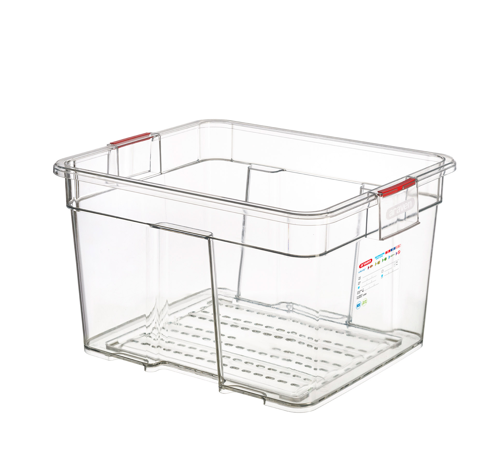 ARAVEN perforierter GN 2/1 Lebensmittelbehälter aus ABS Kunststoff, 380mm Höhe und 90 Liter Fassungsvermögen