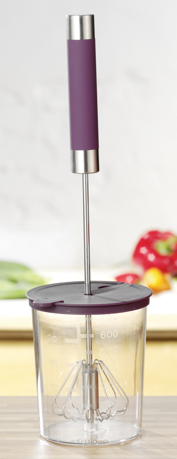 Rührstab MIXI mit Rührschüssel, aus Edelstahl 18/8 und Kunststoff. Maße Ø 10 cm, Höhe 35 cm.