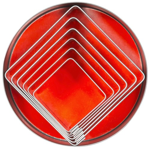 Ausstechformen, quadratisch glatte Form, aus Weißblech, sechs Stück komplett in der Dose (Ø 10,5 cm) Länge: 30 mm - 70 mm, Höhe: 30 mm