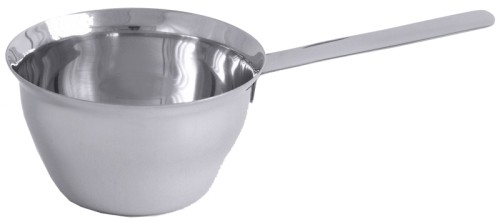 Russische Tasse aus Edelstahl 18/10, hochglänzend, mit glatt auslaufendem Schüttrand Durchmesser: 7 cm, Höhe: 4 cm, Stiellänge: 9 cm,