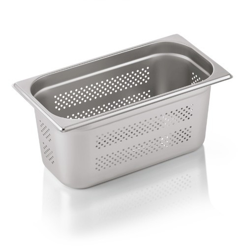 GN 1/3 Behälter, Boden- und Seitenlochung. Materialstärke 0,6 mm. Material: Chromnickelstahl. Serie: GN 71. Inhalt in Litern: