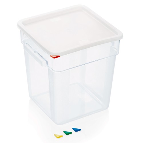 HACCP Vorratsbehälter, mit farbigen HACCP Clips, mit Skalierung und Griffen. Material: Polycarbonat, Polyethylen. Inhalt in Litern: 18.