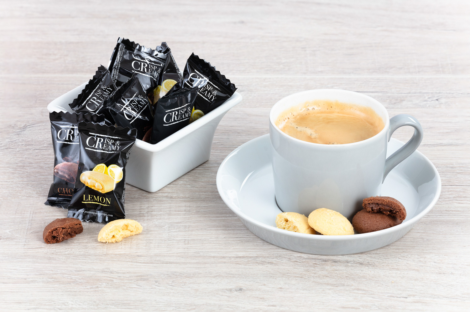 Minikekse Crisp & Creamy, 200 Stück im Mix, Mürbeteig mit Schokoladen- und Zitronencreme. Einzeln hygienisch verpackt.