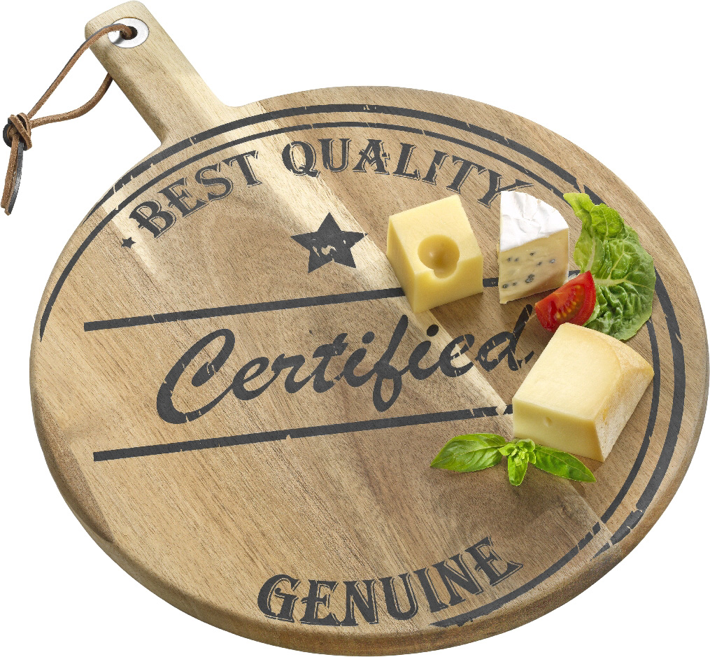 Schneid-/Servierbrett ORLANDO aus Akazienholz, rund, mit Griff. Durchmesser 35 cm, Stärke 1,5 cm. Mit Druckmotiv und mit Lederband zum Aufhängen.