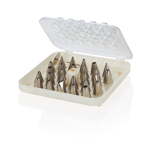 Spritztüllen Set. 26 verschiedene Tüllen aus Edelstahl, 1 Kupplung. in Sortimentsbox.