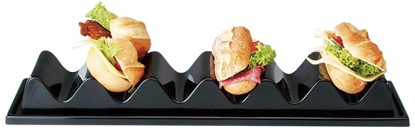 Snackpresenter - 3 Mulden 29 x 19 cm, H: 6,5 cm Polystyrol, schwarz mit Saftrille, mit Griffmulde Farbe: Schwarz nicht