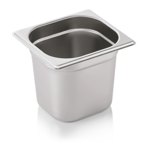 GN 1/6 Behälter, Materialstärke 0,6 mm. Material: Chromnickelstahl. Serie: GN 70. Inhalt in Litern: 2,4. Maße: Höhe: 150 mm