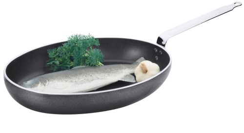 Antihaft-Fischpfanne aus Aluminium mit PTFE-Beschichtung, plangedrehter Boden, Edelstahlgriff dreifach vernietet, extra schwere