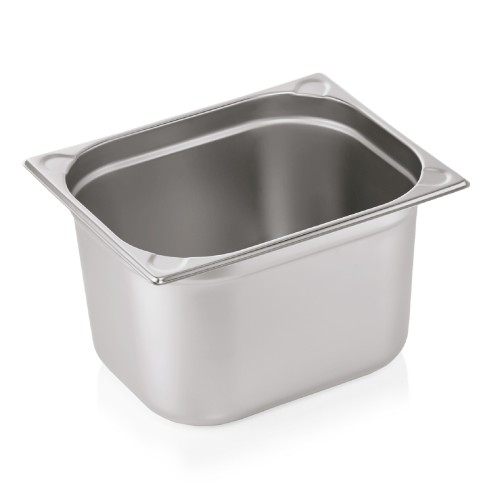 GN 1/2 Behälter, Materialstärke 0,6 mm, Randverstärkung durch geprägte U-Ecken. Material: Chromnickelstahl. Serie: GN 76. Inhalt in Litern: