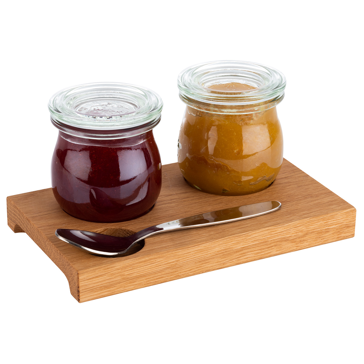 Servierbrett, 15 x 9 cm, H: 1,5 cm, Eichenholz, geölt, mit 2 Vertiefungen Ø 4,5 cm, mit einer Vertiefung Ø 3 cm, mit 2 Griffmulden