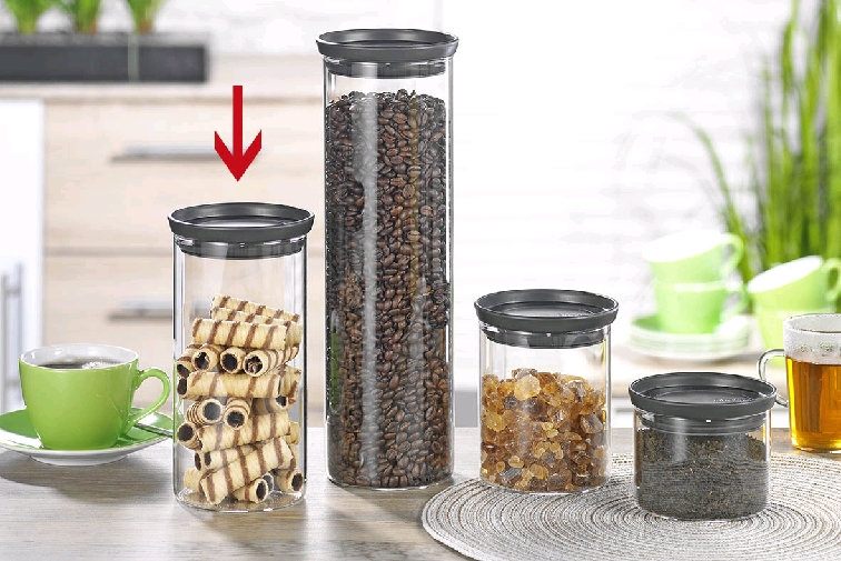 Brabantia stapelbarer Glasbehälter TOKIO, Inhalt: 1,1 Liter, Farbe Deckel: dunkelgrau, Höhe: 20,2 cm, Durchmesser: 10,5 cm.