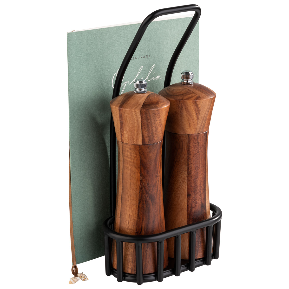 Pfeffer- und Salz-Menage, Bestehen aus: Gestell mit Kartenhalterung, Pfeffer- und Salzmühle aus Akazienholz, -URBAN-