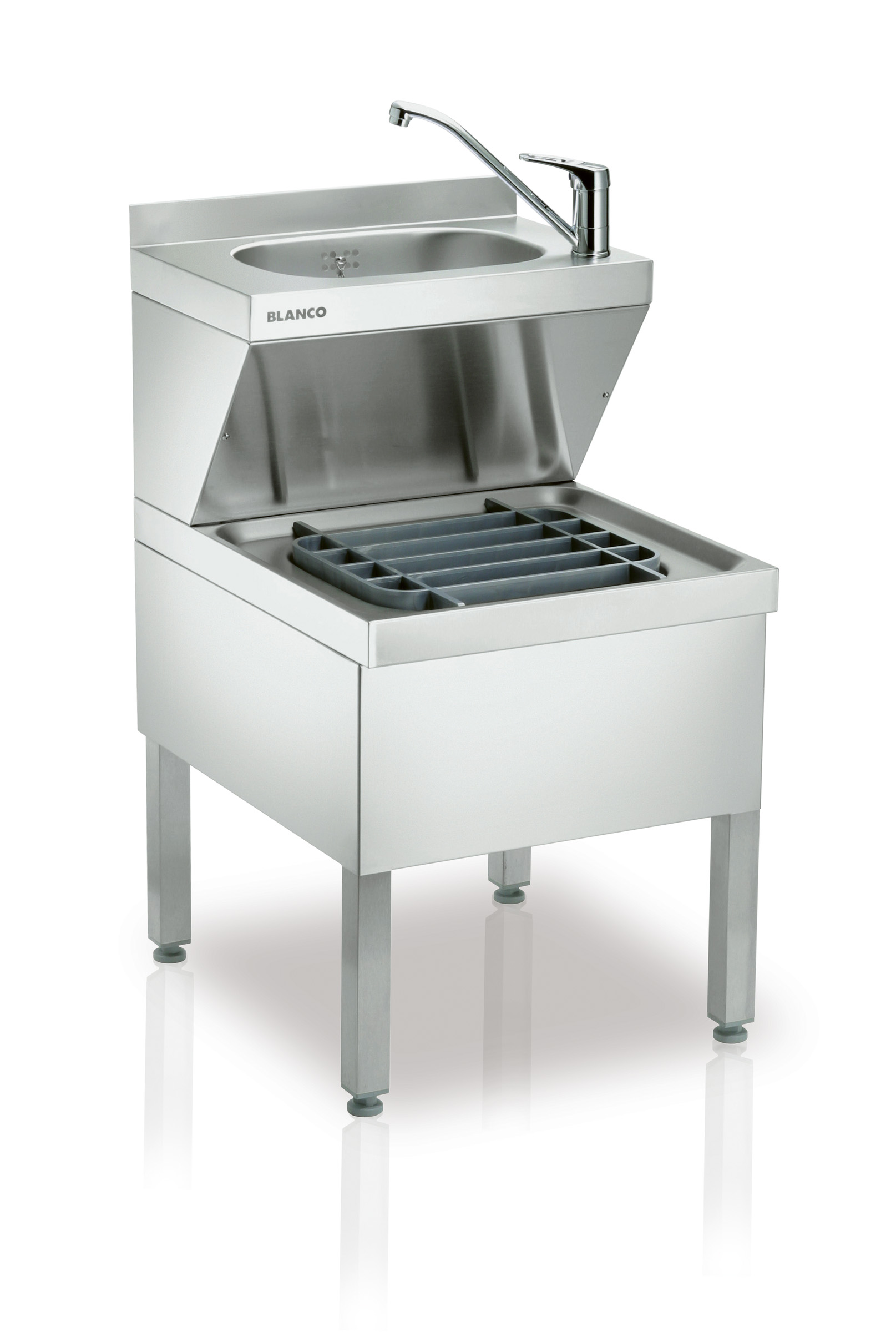 BLANCO Handwasch- und Ausgussbecken-Kombination auf Füßen stehend, komplett mit 1 Mischbatterie 1/2", Auflagerost aus Kunststoff und