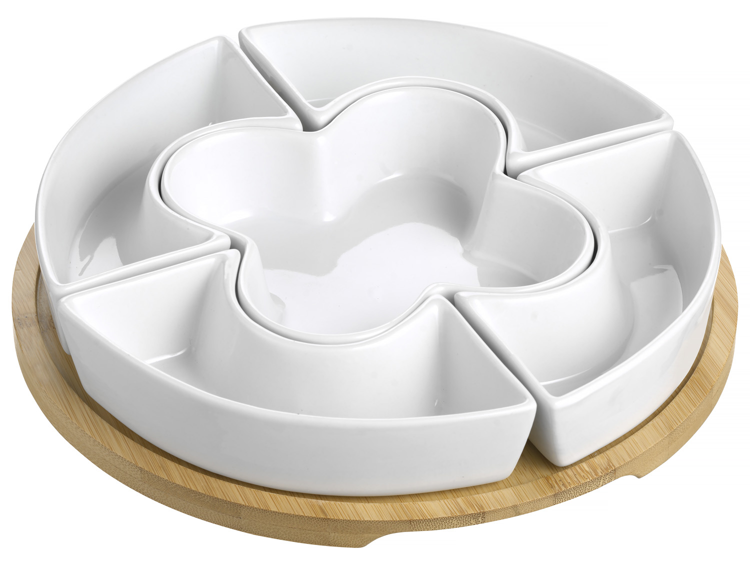 5 tlg. Schalenset in Blumenform mit Bambus- tablet. Im Geschenkkarton.