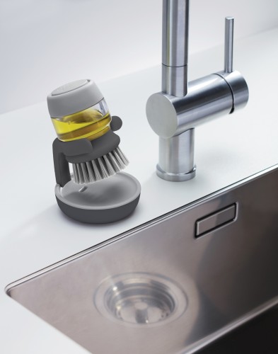 Joseph Joseph Palm Scrub - Abwaschbürste mit integriertem Spülmittelspender, inkl. Ständer - grau