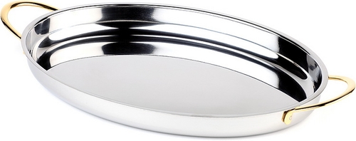 Servier- / Beilagenschale 26,5 x 19,5 cm, H: 3 cm Edelstahl poliert vergoldete Edelstahl-Griffe 0,8 Liter nicht